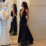 MQTIME  -  Mesh Sexy Deep V Neck Halter Maxi Dress Women Thigh Split Elegant Backless Sleeveless Off-shoulder Club Party Dress