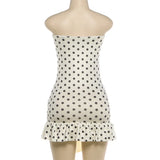 MQTIME  -  Lace Up Ribbon Patchwork Polka Dots Print Strapless Mini Dress Women Sexy Ruffles Hem Sleeveless Backless Bodycon Party Clubwear