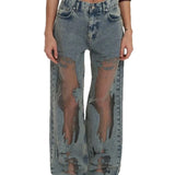 MQTIME  -  Y2k American Spice Girl Retro Straight Pants Hollow Design Jeans Loose Wide-leg Pants