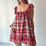 MQTIME  -  Sweet Playful Suspenders Beach Dress Plaid Print Sleeveless Loose Women's Short Dress Sexy Ruffle Edge Holiday Mini Dresses