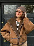 MQTIME  -  Brown Faux Shearling Trimmed Horn Button Short Jacket Women Patchwork Full Sleeve Oversize Coat Winter Cozy Stylish Outerwear