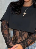 MQTIME  -  Lace T-shirt Top Jumpsuit Women O-neck Full Sleeve Irregular Fit Tops Summer Fashion Female Streetwear Fake Two Pieces