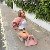 MQTIME  -  Street Suede Pink Women Jacket Fashion Long Sleeve Zipper Stand Collar Button Female Jackets Autumn New Lady Outwear