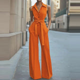 MQTIME  -  Casual Lace-Up Solid Color Long Jumpsuits Women Fashion Waist Pocket Straight Romper Elegant Lapel Button Office Playsuits