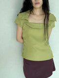 MQTIME  -  Green High Neck Slim Fit Tops Women Fashion Mini Sleeves Asymmetric Button Short Shirts Summer Trendy Lady Casual Wear New