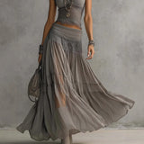  MQTIME  -  New Spring Summer Short Sleeve Outfit Women's O Neck Patchwork Lace Top & Pleated Maxi Skirts Set Casual Bohemian Two Piece Suit