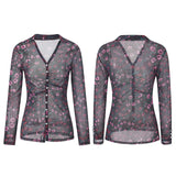  MQTIME  -  Women Shirts Flower Print Long Sleeve Ruched Button Down Slim Fit Blouse See Through Fashion Work Tops Streetwear