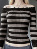  MQTIME  -  Women Long Sleeve Knit Tops Off-Shoulder Striped Casual Pullovers Sweater Fall Shirts  Y2K Aesthetic Clothes Streetwear