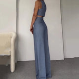 MQTIME  -  Summer Women Office Fashion Solid Sleeveless V Neck Irregular Solid Pullover Vest Top Loose Straight Pants Set Streetwear