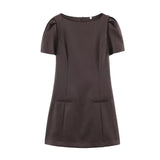  MQTIME  -  Women Vintage Black Short Puff Sleeve Dress Slim A-Line Mini Dress Fashion Summer Casual Basics Office Lady Chic Dresses