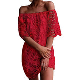 MQTIME  -  New Lace Dress Slash Neck Embroidery Mini Dress Hollow Out A-line Party Dresses Femme Elegant Short Vestidos