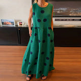 MQTIME  -  Round Neck Pocket Long Dress Summer Fashion Polka Dot Printed Draped Maxi Dress Casual Cotton Linen Loose Party Dresses
