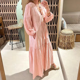MQTIME  -  Casual Ladies V-Neck Long Dress Fashion Solid Color Puff Sleeve Loose Summer A-line Long Sleeve Beach Sundress