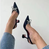 MQTIME  -  Summer New Stiletto Heel Pointed Toe Strap High-Heeled Sandals Women's Rhinestone Bow Pumps