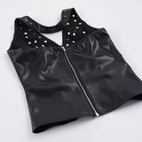  MQTIME  -  Y2k Streetwear Rivet Halter Backless V Neck Sleeveless Fashion Zipper Solid All Match Tanks