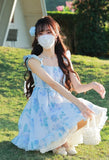 MQTIME  -  Party Mini Dresses Women Sweet Bow Floral Printed Ruffles Flying Sleeve Square Collar Princess Elegant Dress Female