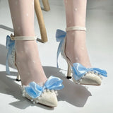 MQTIME  -  White Blue High Heels for Women Party Shoes Wedding Heels Y2K Shoes Bow Pearl Shoes for Women Elegant Women's Heeled Shoes
