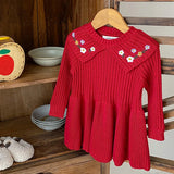  MQTIME  -  Girls' Autumn Knitted Sweater Dress Children Floral Embroidered Peter Pan Collar Sweater Gown Casual Kids Winter Warm Clothes