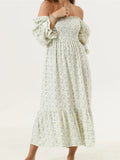  MQTIME  -  Woman Vintage Floral Dress Puff Long Sleeve Off Shoulder Ruffle Long Dress Spring Fall Casual Vintage Bohemian Dresses