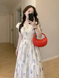 MQTIME  -  Dresses Women Sweet Floral Printed V Neck Short Sleeve Summer Fashion Elegant Dress Female Casual Temperament Chic