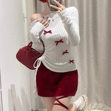 MQTIME  -  2025 Spring New Slant Collar Strapless Bow Patchwork Pleated Knit Long-sleeved T-shirt Women + Sexy Lace-up Skirt Two-piece Suit