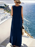 MQTIME  -  Casual and comfortable daily sleeveless summer new dress fashionable and loose solid color round neck mid length dress