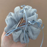 MQTIME  -  Summer Large Purple Silk Yarn  Large Intestine Ring  Bow Ribbon Hair Band  Mesh Pearl Hair Rope  Hair Accessories for Women