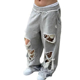 MQTIME  -  Loose Wide Leg Casual Pants Women's Hip Hop Street Style Ripped Design Comfortable Sweatpants Straight Cut mid Waist