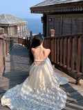 MQTIME  -  Dresses Women Floral Printed Ruffles Elegant Holiday Beach Wedding Party Cocktail Dress Backless Fairy Princess