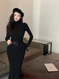 Mqtime autumn winter women solid elegant slim knitted dress korean long sleeve sweater dress office lady midi dress