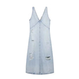  MQTIME  -  Vintage Women's Denim Halter Dress Sleeveless Perforated V-Neck Long Summer Dress for Ladies Holiday Fashion