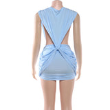 MQTIME  -  Light Blue Plunge Neck Slim Mini Dress Women Ruched Twist Front Bodycon Party Club Dress Summer Fashion Sexy Cocktail Gown