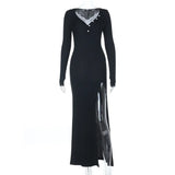 MQTIME  -  Lace Patchwork Ribbed Bodycon Maxi Dress Women Fashion Sexy Buttons V Neck Full Sleeve High Slit Casual Streetwear Long Robe