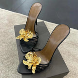 MQTIME  -  Metal Flower Cool Slippers Women's  New French Thin Strap Open Toe Empty Stiletto Sandals