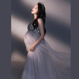  MQTIME  -  Silver Maternity Photography Dresses Sexy Sequin Beaded Dress Pregnant Women V Neck Sling Dress Baby Shower Maxi Dress