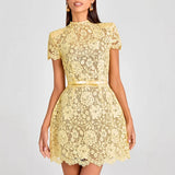MQTIME  -  Yellow Bow Tie Up Banquet Dresses Fashion Perspective Lace Women's Party Dress New Elegant O Neck Short Sleeved High Waist Dress
