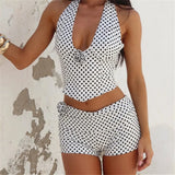  MQTIME  -  Women Summer Two Piece Outfits Dot Print Halter Neck Tank Top and Matching Skinny Shorts Set