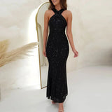Mqtime Lady Elegant Slim Halter Glitter Club Maxi Dress Sexy Sleeveless Shiny Bodycon Evening Dresses Women Fashion Sequins Party Dress