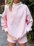  MQTIME  -  Women s Cozy Striped Lounge Set with Relaxed Fit Crew Neck Top and Matching Shorts - 2 Piece Casual Outfit for Stylish Comfort
