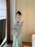 MQTIME  -  Women Mint Mambo Style Short Sleeved Dress Women's Summer Korean Chic Waist Slimming A line Long Dresses