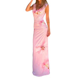MQTIME  -  Leisure and fashionable sleeveless printed summer new long skirt with vacation style wavy collar pleated design slim fit dress