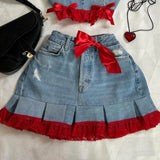 MQTIME  -  Y2K Knitted Splicing Short Skirt Two Piece Set Women Knitted Long Sleeved Sweater Cute Bow Mini Pleated Skirt Autumn Winter Suit