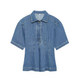  MQTIME  -  Denim Top Woman Sexy Short Sleeves Waist-Cinching Button Tops For Women Solid Color Ruched Slim Tank Tops
