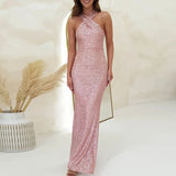 Mqtime Lady Elegant Slim Halter Glitter Club Maxi Dress Sexy Sleeveless Shiny Bodycon Evening Dresses Women Fashion Sequins Party Dress