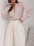 MQTIME  -  Spring Summer Women V-Neck Loose Blouses, Elegant Solid Patchwork Long Sleeve Tops, Simple Fashion Chic Ladies Shirts Streetwear