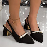 MQTIME  -  Luxury Pearl Chain Suede Slingback Pumps Women Summer Elegant Pointed Toe High Heel Pumps Plus Size Women Party Dress Shoes