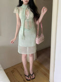 MQTIME  -  Summer French Coquette Sexy 2 Piece Skirt Set Women Sheer Chiffon Short Sleeve Tie Neck Cutout Lace Trim Slim Fit Bodycon Midi