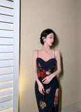 MQTIME  -  Elegant Vintage Print Floral Split Dress Summer Sleeveless Spaghetti Strap Backless Long Dress Evening Party Birthday Dresses