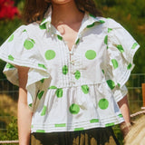 MQTIME  -  Women Button Pleated Lapel Collared Shirt Y2k Polkadot Print Short Flutter Sleeve Crop Top Ruffle Hem Babydoll Blouse