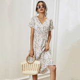 Mqtime -women's Floral Print Dress, Shirred Waist, Flared Hem Dress, Summer Holiday, Short Sleeve, V-neck, A-line Long Dress